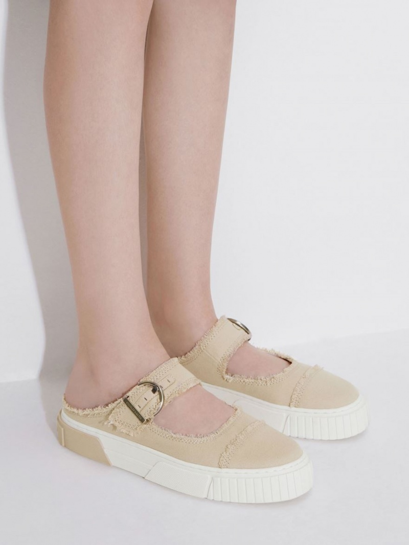 Charles & Keith Denim Buckled Slip On Sneakers Beige | 830WUJGDN