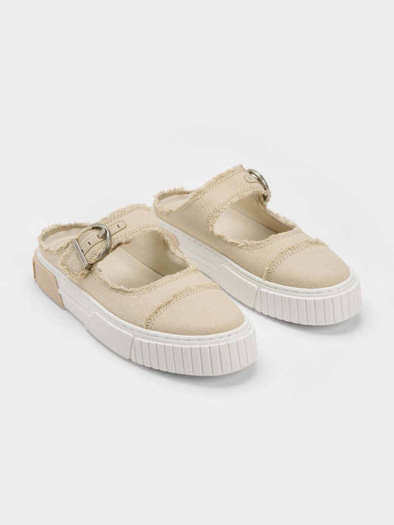 Charles & Keith Denim Buckled Slip On Sneakers Beige | 830WUJGDN