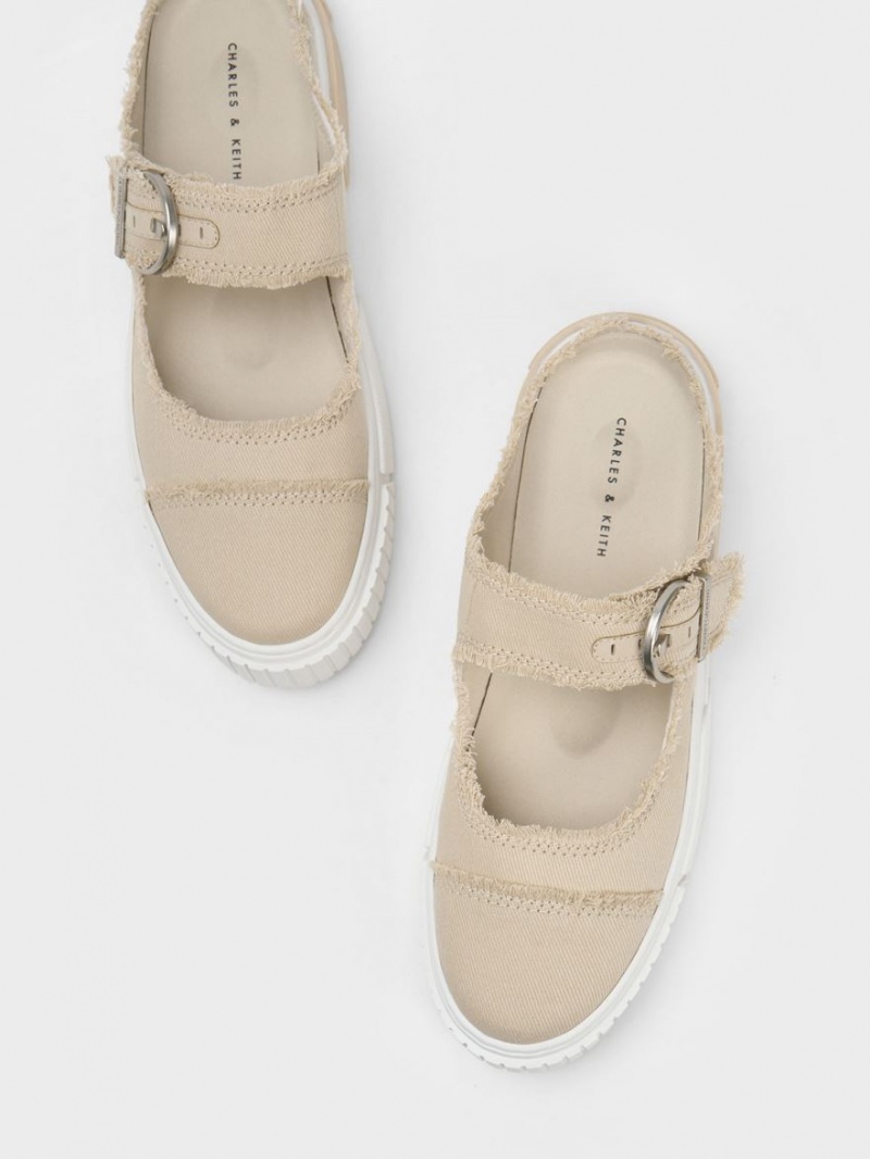 Charles & Keith Denim Buckled Slip On Sneakers Beige | 830WUJGDN