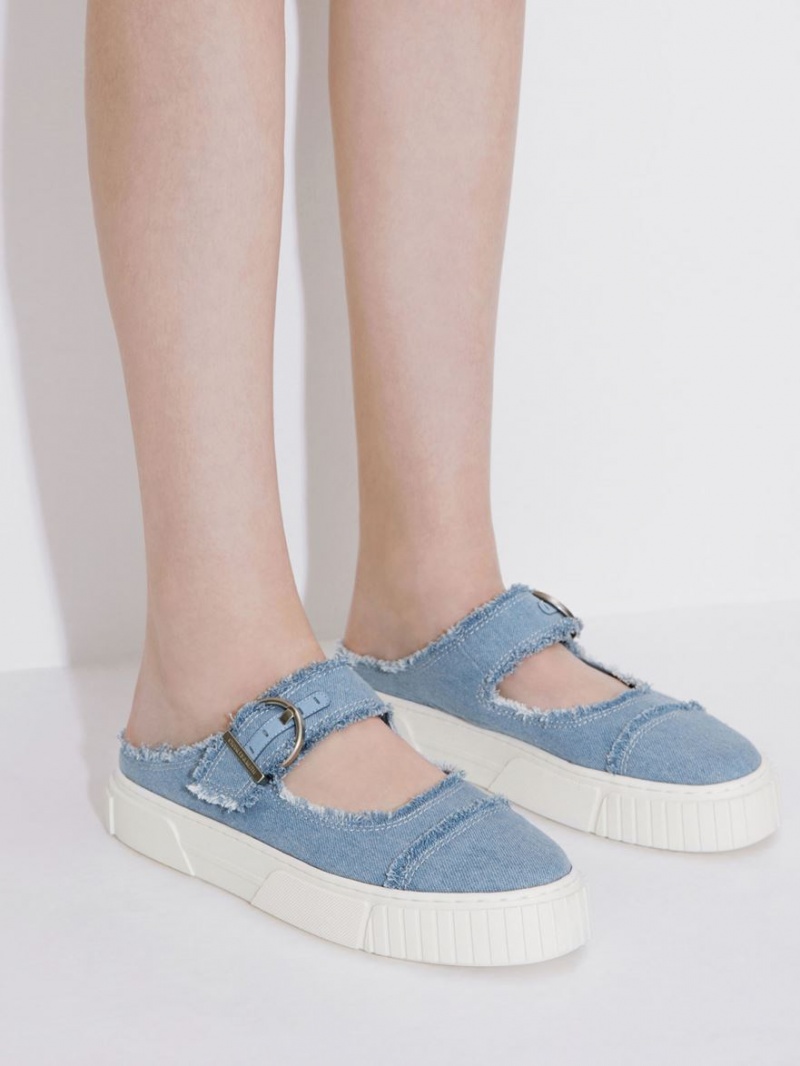 Charles & Keith Denim Buckled Slip On Sneakers Hellblau | 934WHPDZM