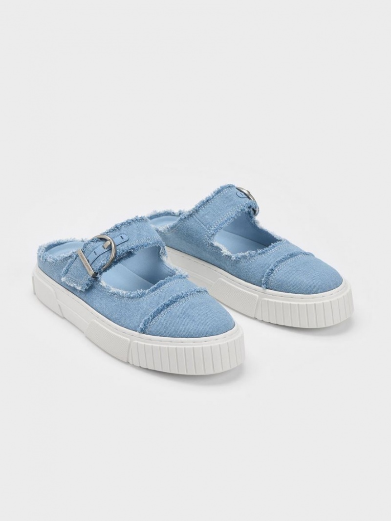 Charles & Keith Denim Buckled Slip On Sneakers Hellblau | 934WHPDZM