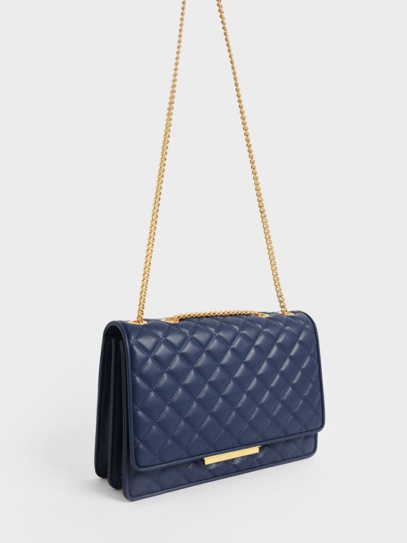 Charles & Keith Double Chain Handle Gesteppt Schultertaschen Navy | 907LXSDEN