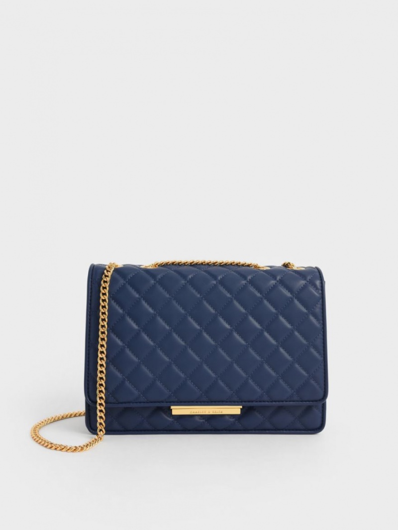 Charles & Keith Double Chain Handle Gesteppt Schultertaschen Navy | 907LXSDEN