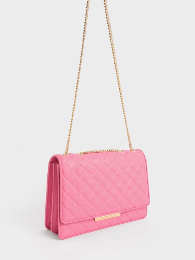 Charles & Keith Double Chain Handle Gesteppt Schultertaschen Rosa | 590PKYSWE