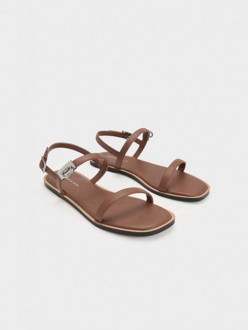 Charles & Keith Double Metallic Schnallen Sandalen Flach Braun | 240ZCJAIH