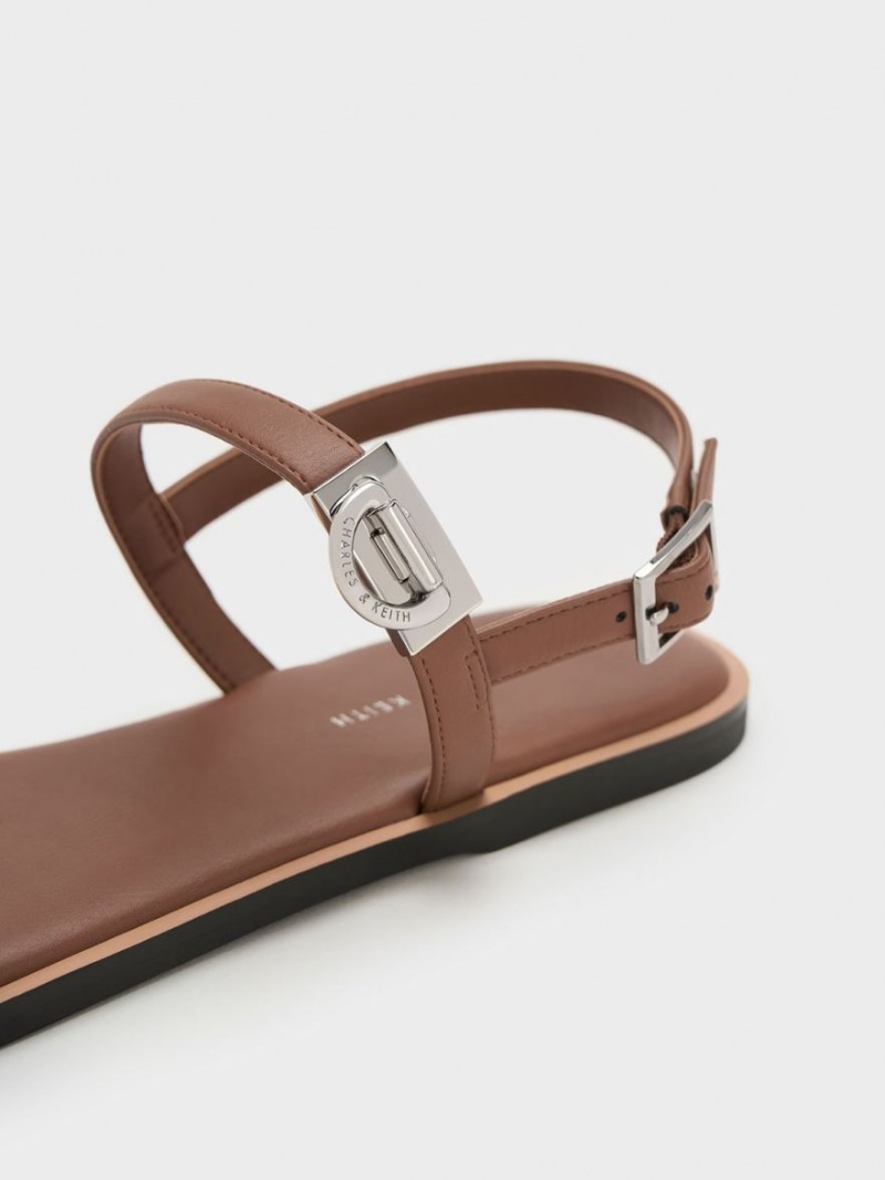 Charles & Keith Double Metallic Schnallen Sandalen Flach Braun | 240ZCJAIH