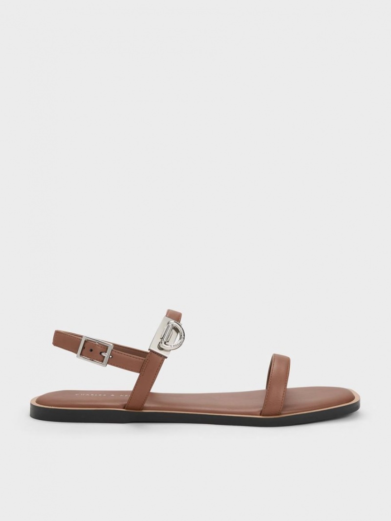 Charles & Keith Double Metallic Schnallen Sandalen Flach Braun | 240ZCJAIH