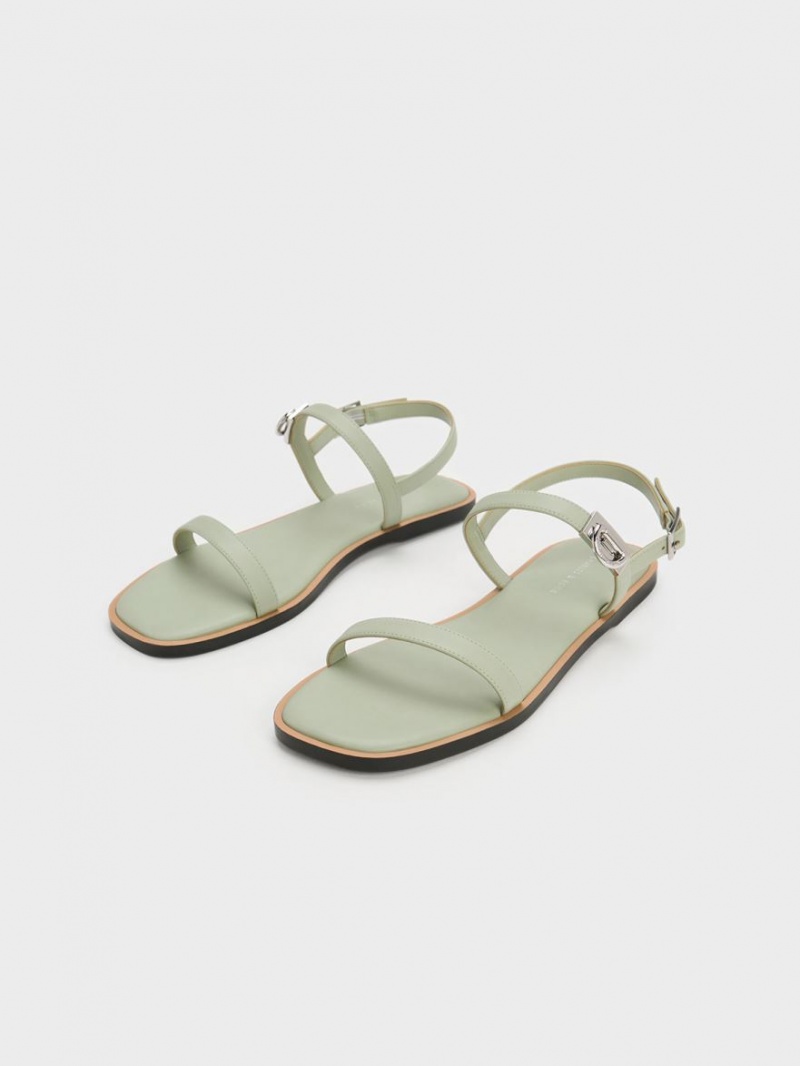 Charles & Keith Double Metallic Schnallen Sandalen Flach Mintfarben | 901WSZTKM