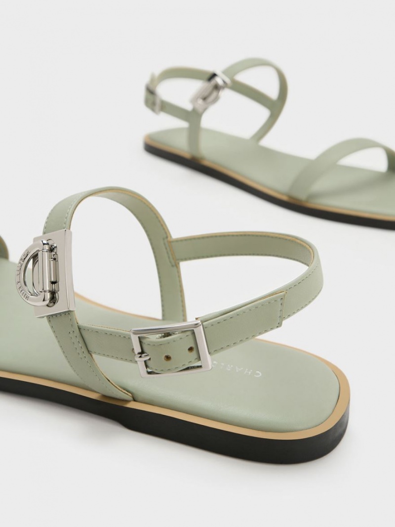 Charles & Keith Double Metallic Schnallen Sandalen Flach Mintfarben | 901WSZTKM