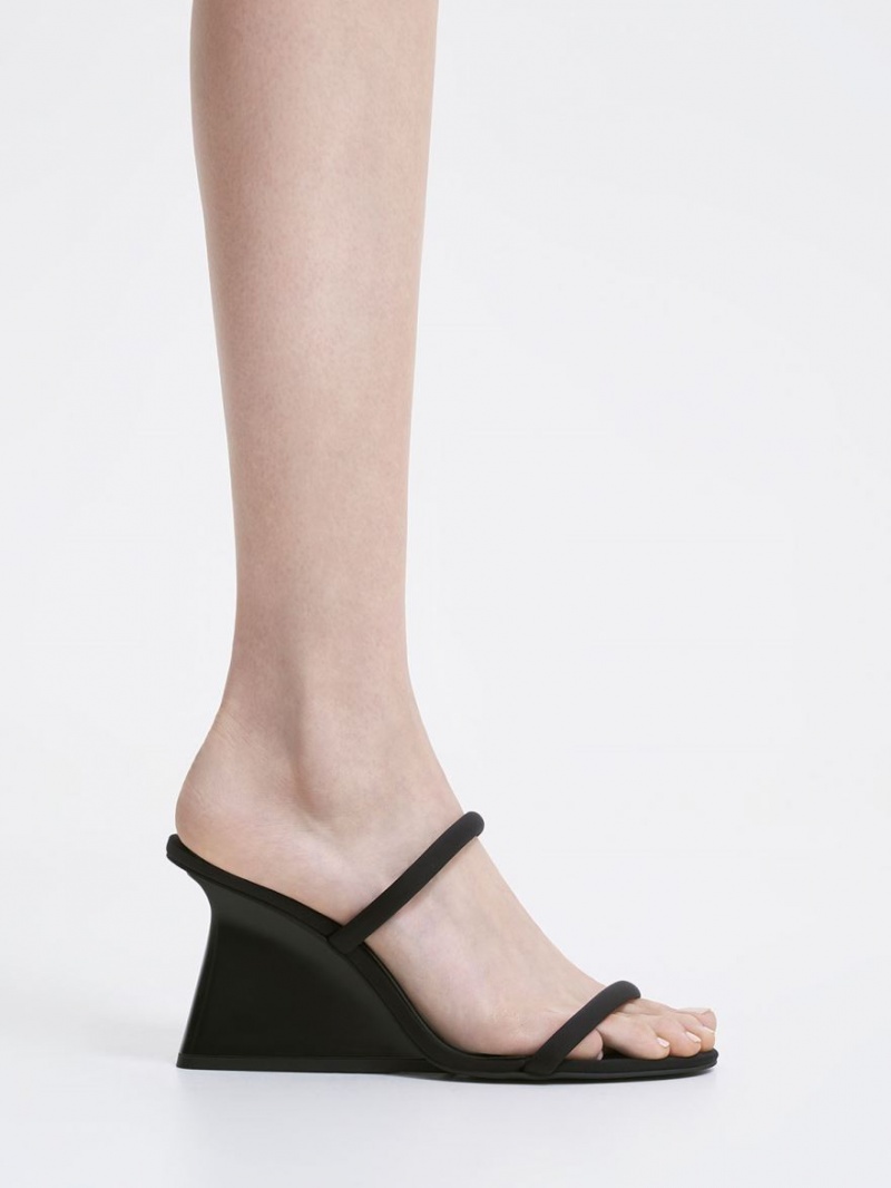 Charles & Keith Double Riemen Wedge Mules Schwarz | 691EMQKRW