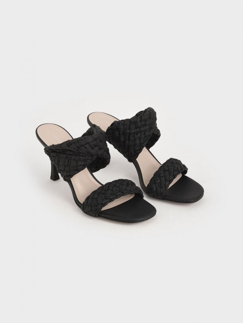 Charles & Keith Double Riemen Woven Absatz Mules Schwarz | 148DEJTAI