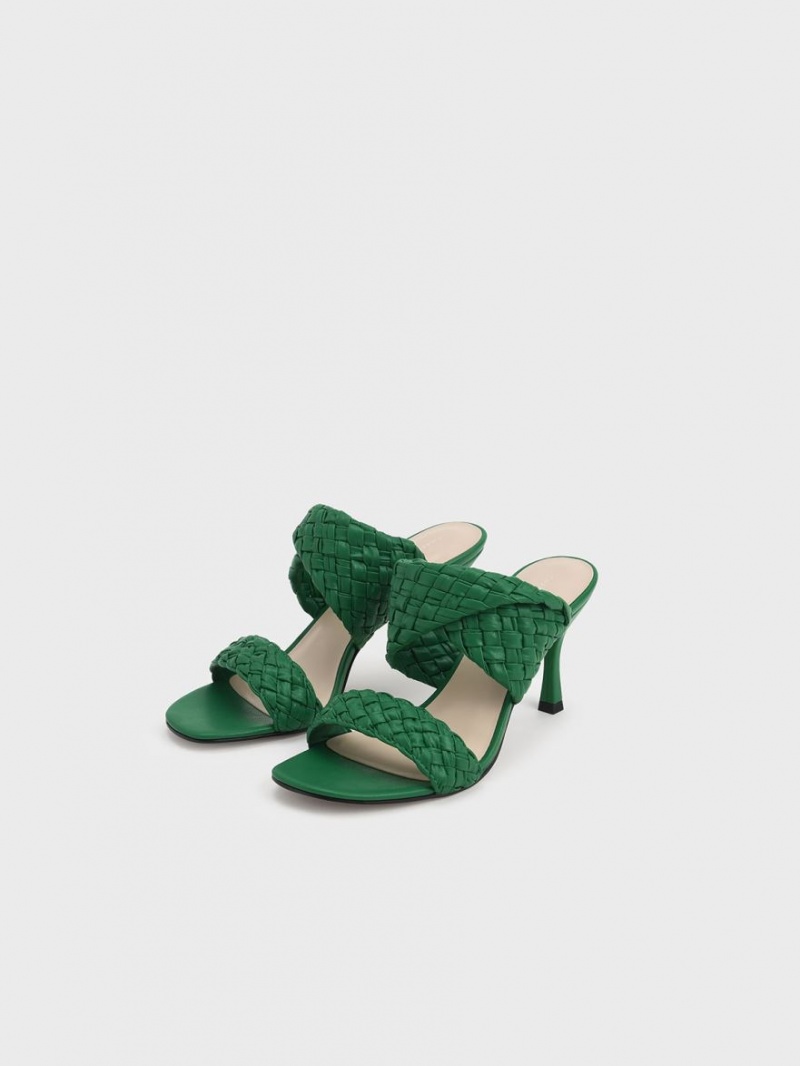 Charles & Keith Double Riemen Woven Absatz Mules Grün | 157QVULBC