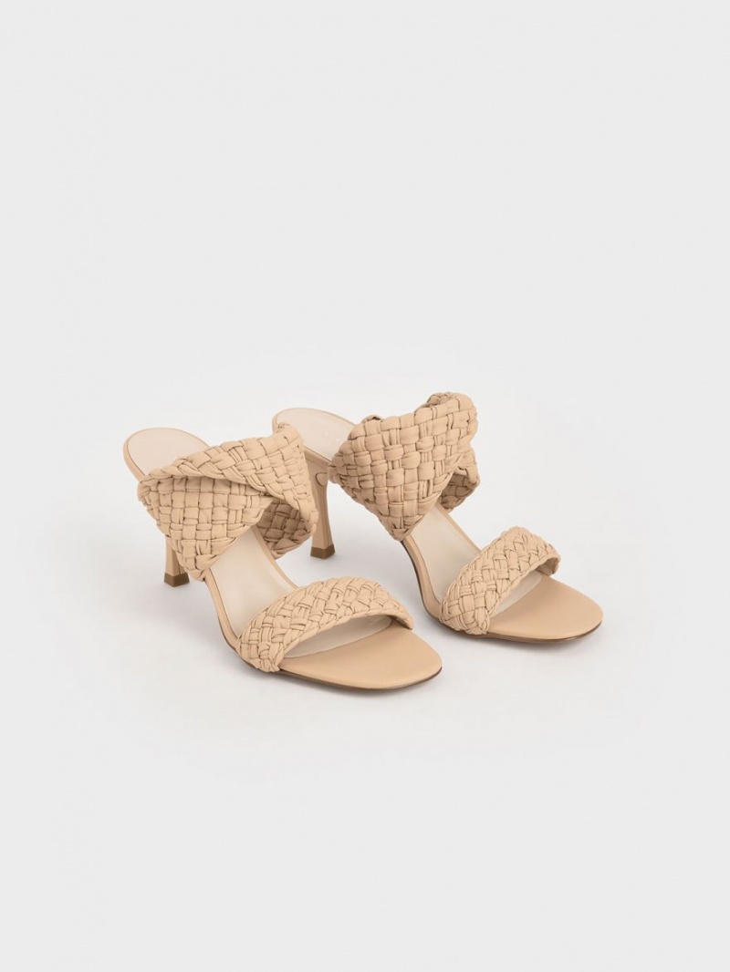 Charles & Keith Double Riemen Woven Absatz Mules Beige | 690JLTFXI