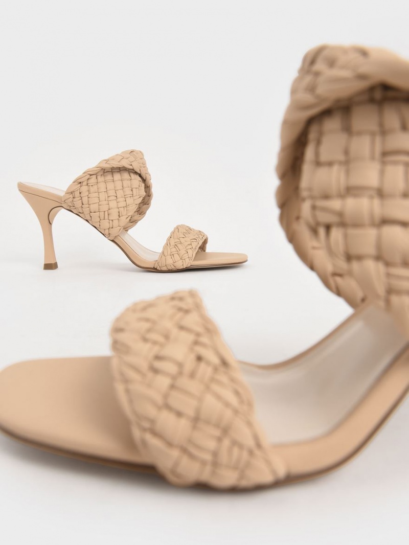 Charles & Keith Double Riemen Woven Absatz Mules Beige | 690JLTFXI