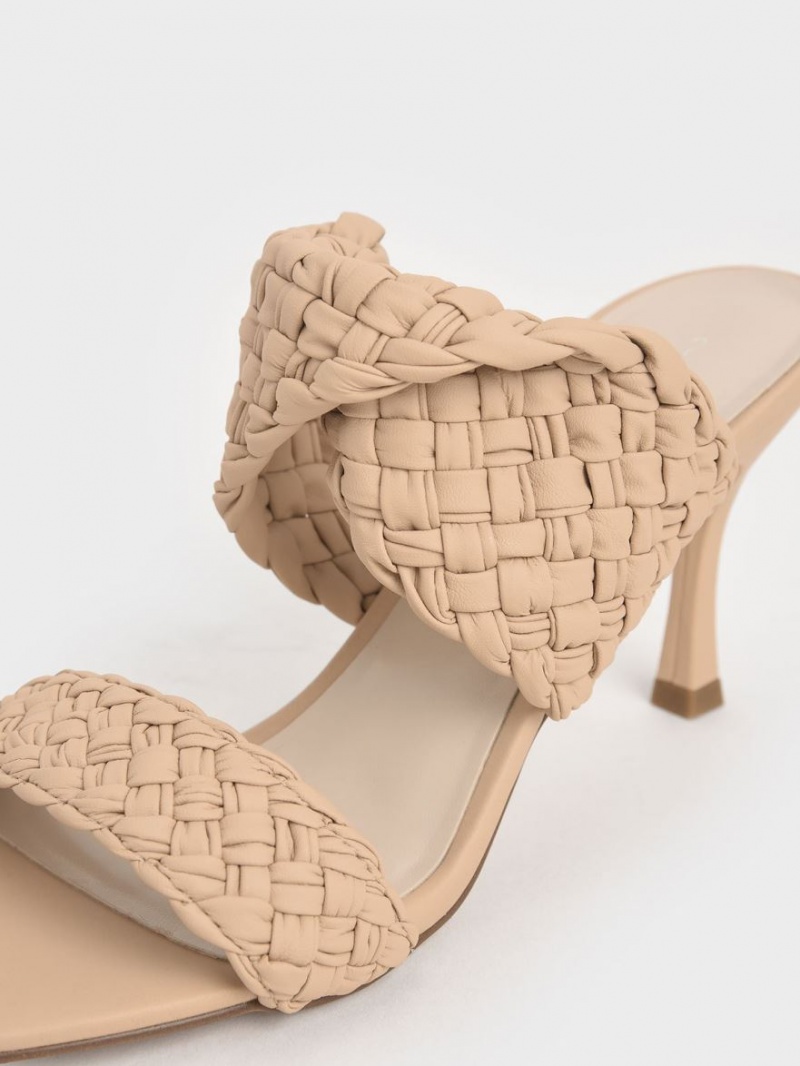 Charles & Keith Double Riemen Woven Absatz Mules Beige | 690JLTFXI