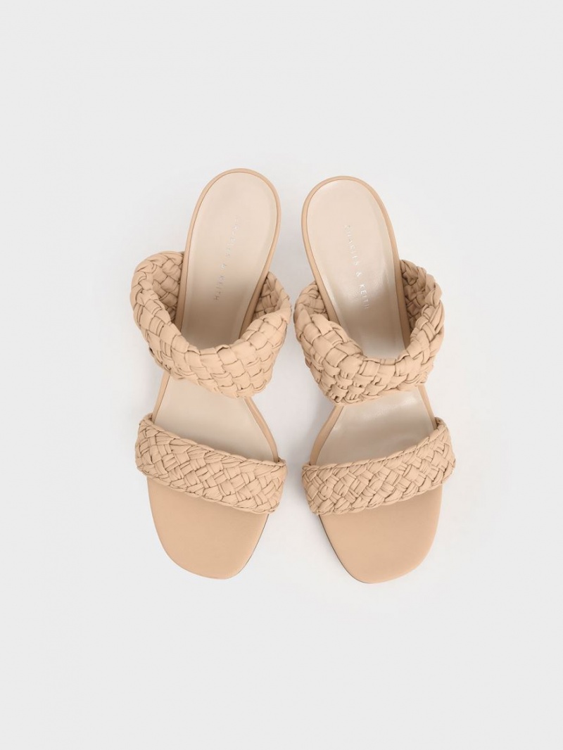 Charles & Keith Double Riemen Woven Absatz Mules Beige | 690JLTFXI