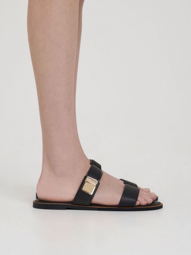 Charles & Keith Dove Metallic Schnallen Rutschen Sie Sandalen Schwarz | 035DAJFOM