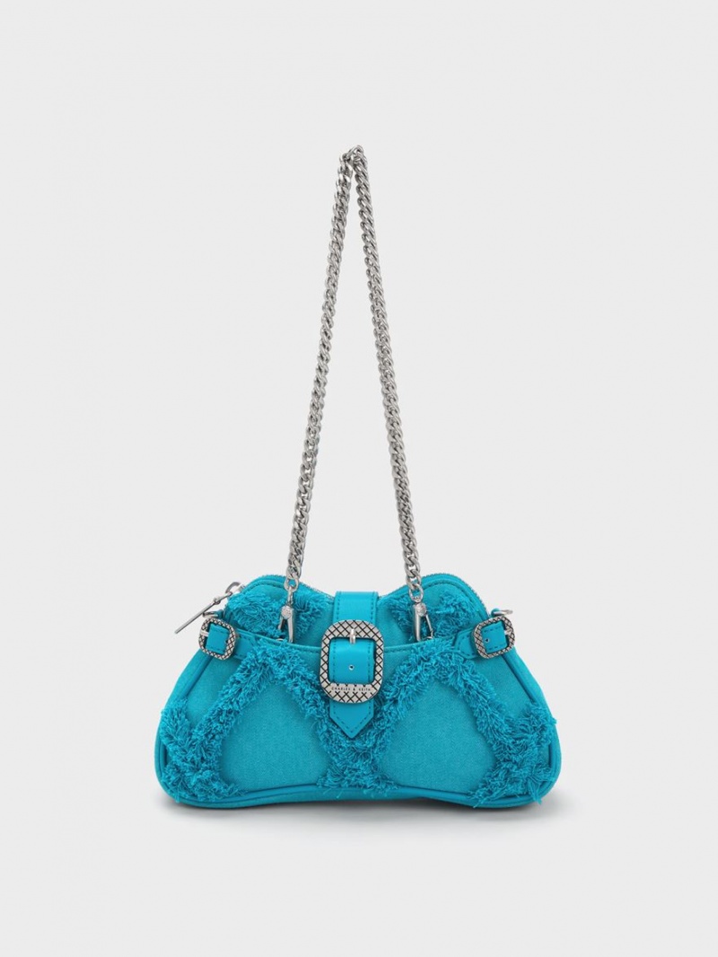 Charles & Keith Eilith Chain-Handle Denim Buckled Schultertaschen Blau | 061MGJPDT