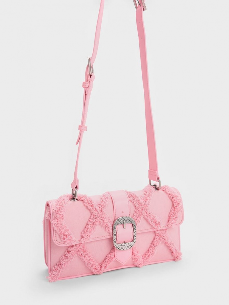 Charles & Keith Eilith Frayed Denim Buckled Schultertaschen Rosa | 425NSCTJR