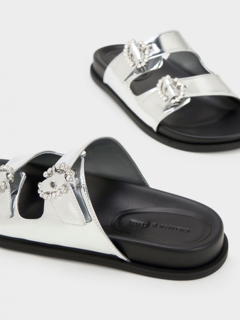 Charles & Keith Embellished Schnallen Metallic Pantoletten Silber | 397APZHLT