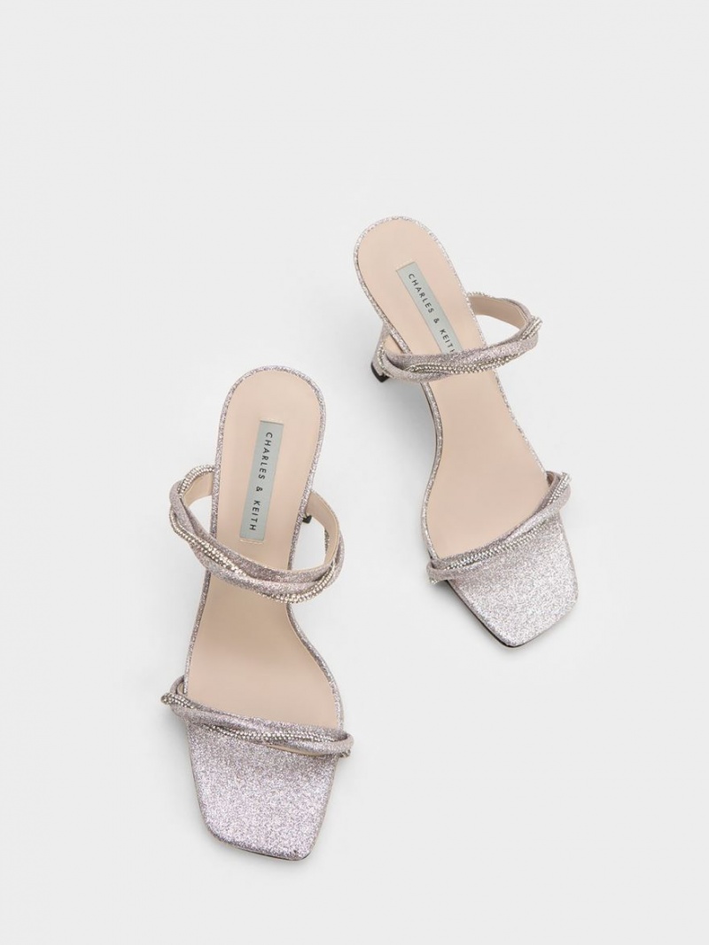 Charles & Keith Embellished Twisted Riemen Glittered Sandalen Absatz Silber | 198EGIABX