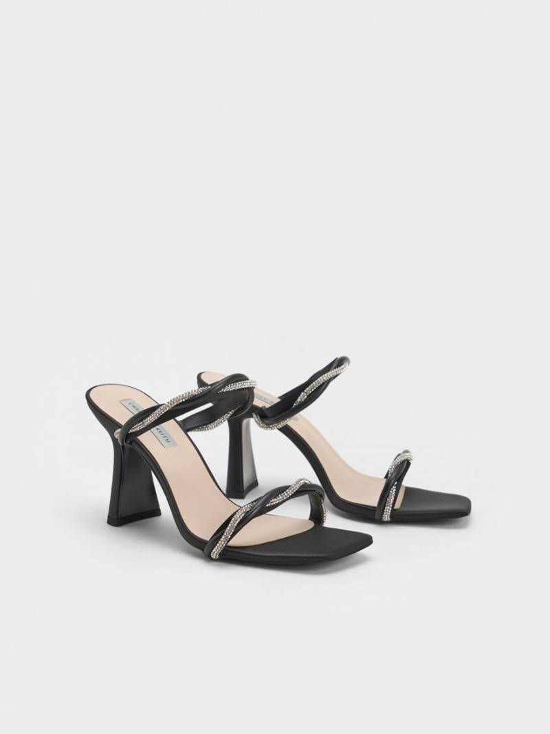 Charles & Keith Embellished Twisted Riemen Satin Sandalen Absatz Schwarz | 940BXRLZK