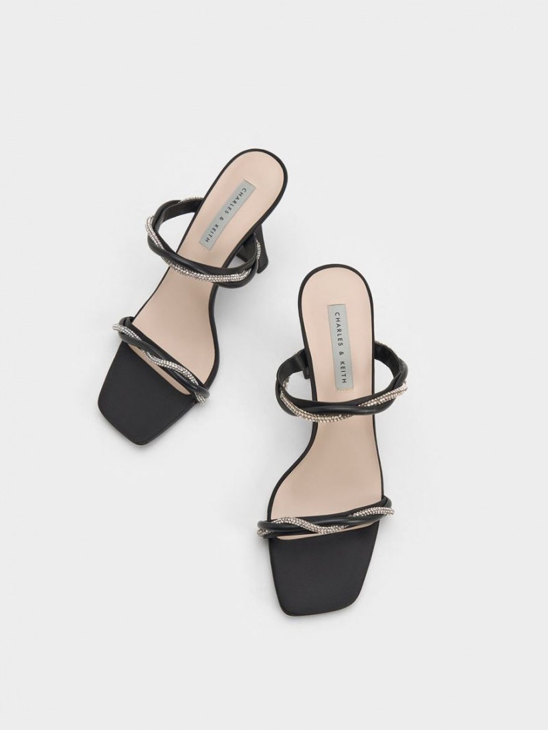 Charles & Keith Embellished Twisted Riemen Satin Sandalen Absatz Schwarz | 940BXRLZK