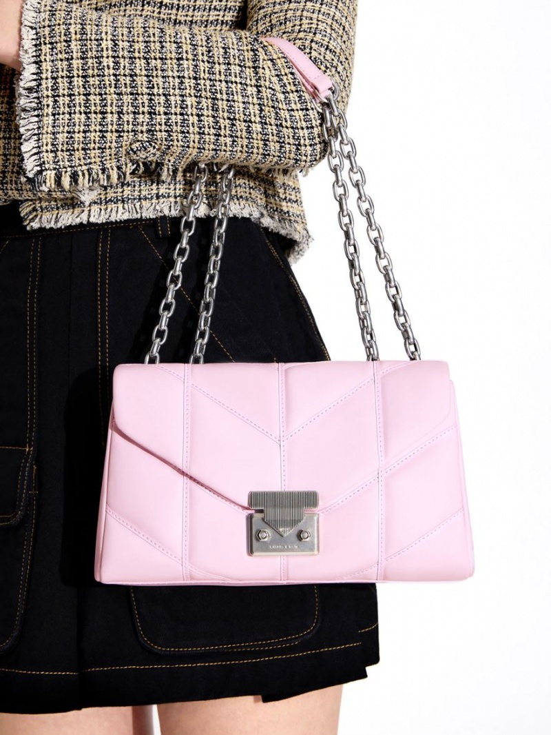 Charles & Keith Eudora Chevron Trapeze Crossbody Taschen Rosa | 329ILAMCF