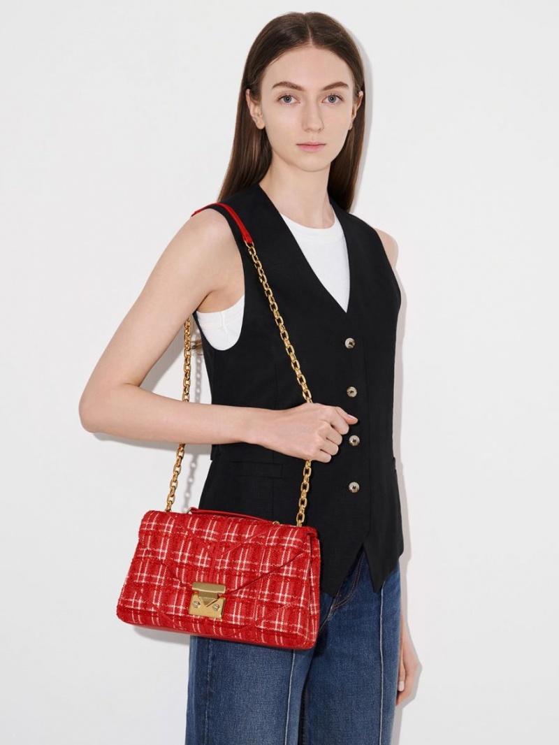 Charles & Keith Eudora Tweed Trapeze Crossbody Taschen Rot | 160XBPJMO