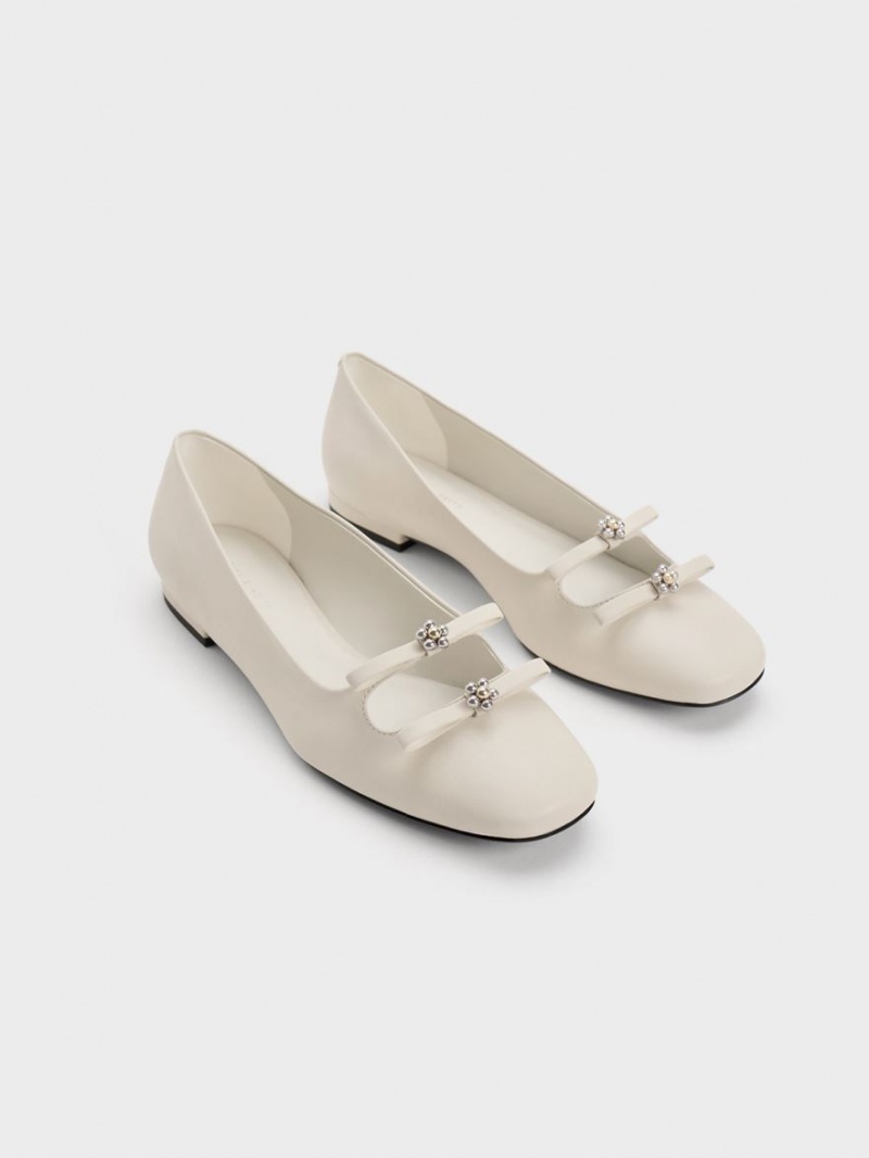 Charles & Keith Floral Beaded Bow Ballerinas Weiß | 573HGCUOX