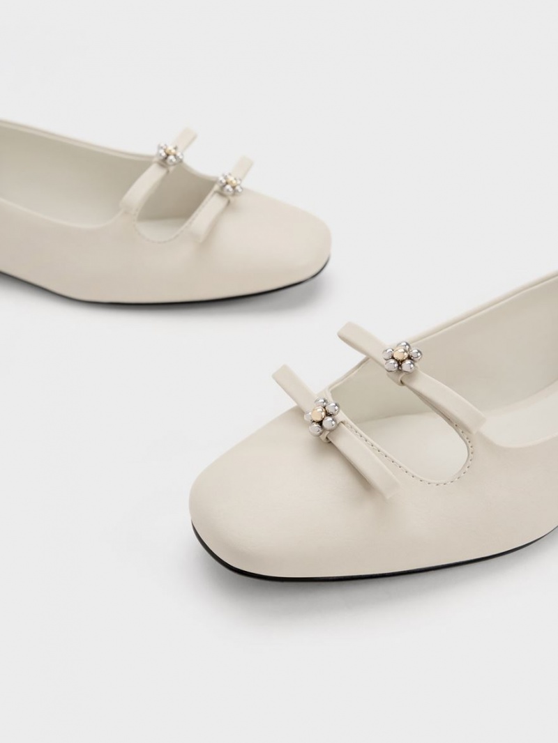 Charles & Keith Floral Beaded Bow Ballerinas Weiß | 573HGCUOX