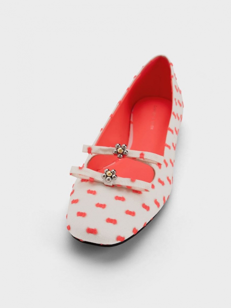 Charles & Keith Floral Beaded Printed Bow Ballerinas Koralle | 879KPJTUO