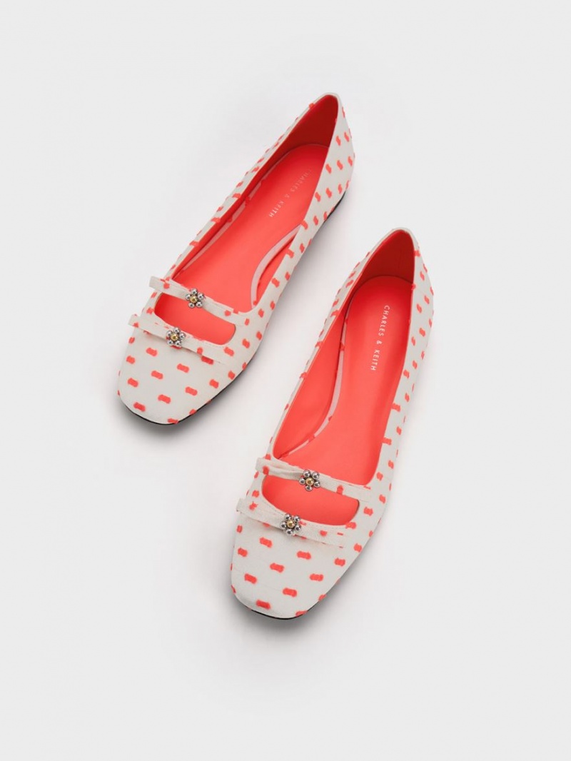 Charles & Keith Floral Beaded Printed Bow Ballerinas Koralle | 879KPJTUO