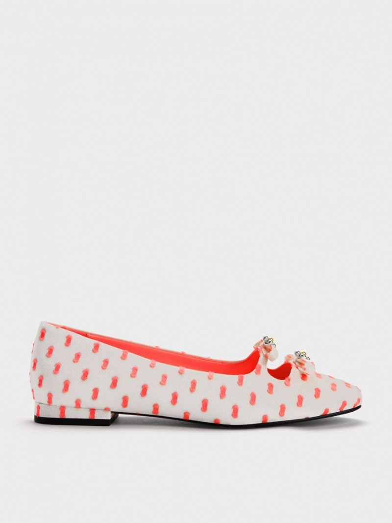 Charles & Keith Floral Beaded Printed Bow Ballerinas Koralle | 879KPJTUO