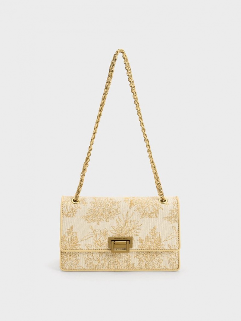 Charles & Keith Floral Illustrated Canvas Schultertaschen Beige | 394APTQFI