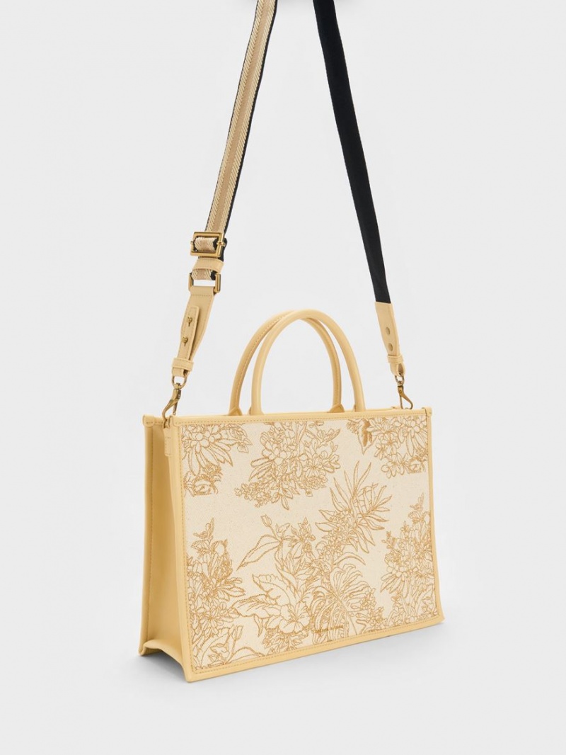 Charles & Keith Floral Illustrated Canvas Tragetaschen Beige | 108DIGPLQ