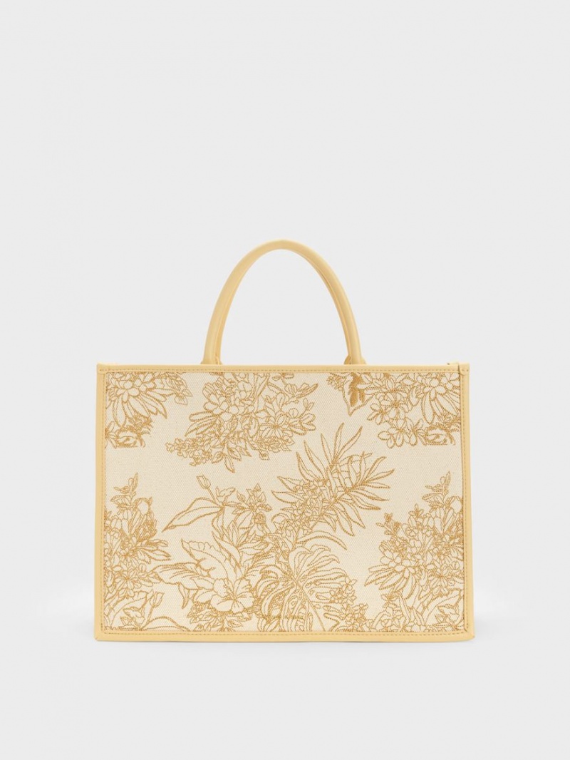 Charles & Keith Floral Illustrated Canvas Tragetaschen Beige | 108DIGPLQ