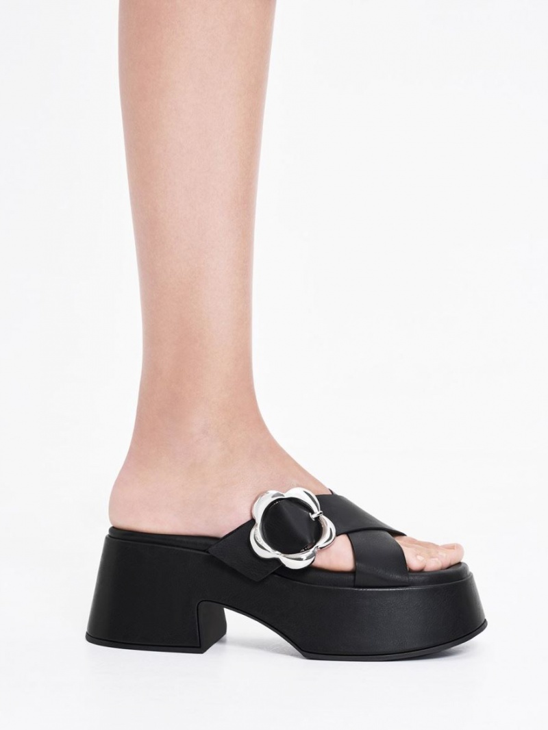 Charles & Keith Flower-Schnallen Crossover Plattform Mules Schwarz | 607CNYJDL