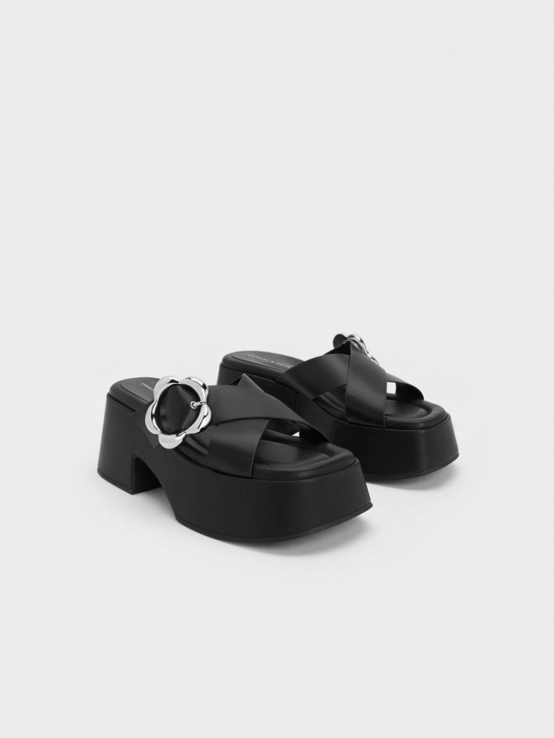 Charles & Keith Flower-Schnallen Crossover Plattform Mules Schwarz | 607CNYJDL