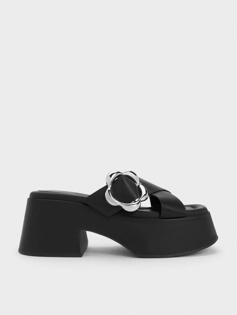 Charles & Keith Flower-Schnallen Crossover Plattform Mules Schwarz | 607CNYJDL