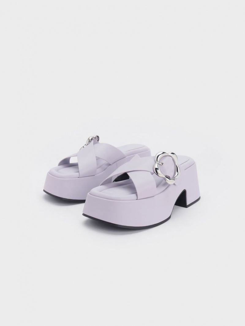 Charles & Keith Flower-Schnallen Crossover Plattform Mules Lila | 971OSQBGU