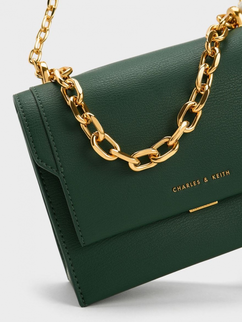 Charles & Keith Front Flap Chain Handle Crossbody Taschen Dunkelgrün | 820EIWLCD