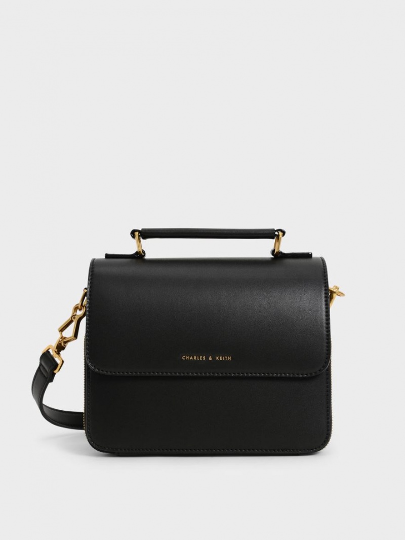 Charles & Keith Front Flap Top Handle Crossbody Taschen Schwarz | 720FWMGCB