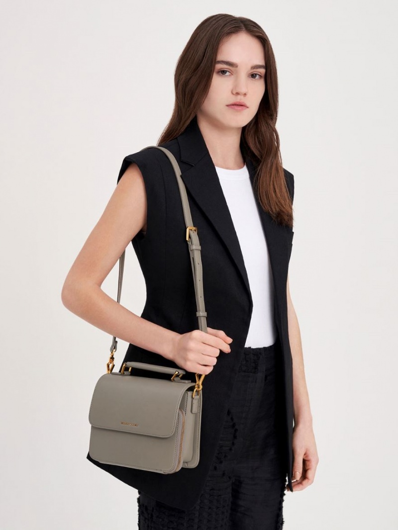 Charles & Keith Front Flap Top Handle Crossbody Taschen Grau | 456CIUBZD