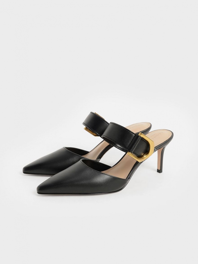 Charles & Keith Gabine Buckled Leder Mule Pumps Schwarz | 502QOMRXV