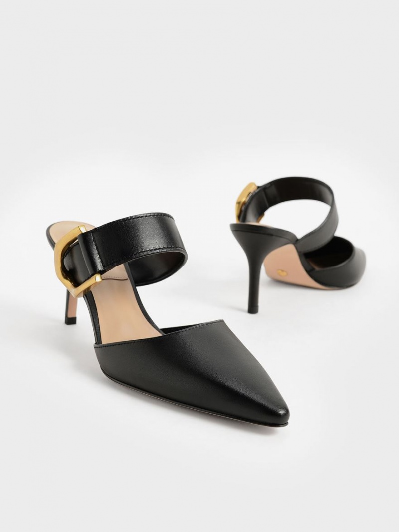 Charles & Keith Gabine Buckled Leder Mule Pumps Schwarz | 502QOMRXV