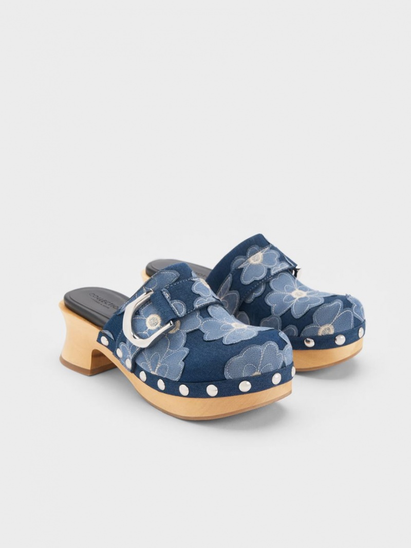 Charles & Keith Gabine Floral Denim Studded Clogs Blau | 263WUNQJD