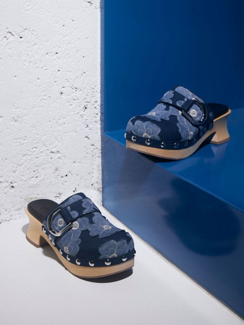 Charles & Keith Gabine Floral Denim Studded Clogs Blau | 263WUNQJD