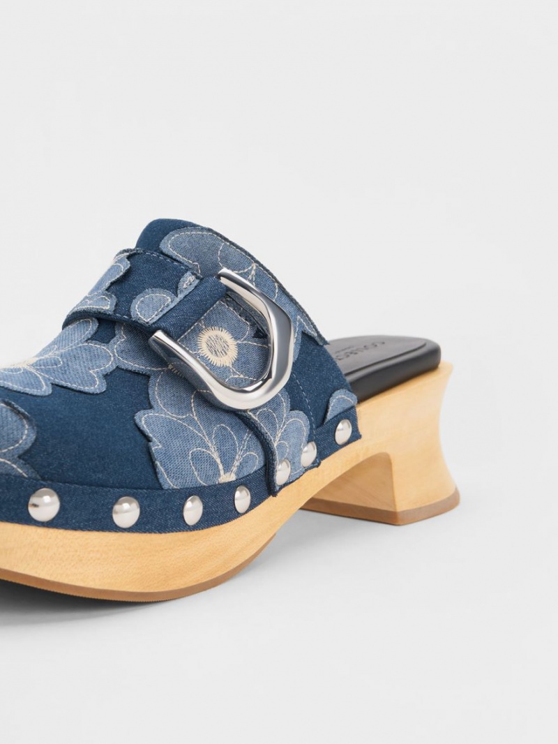 Charles & Keith Gabine Floral Denim Studded Clogs Blau | 263WUNQJD