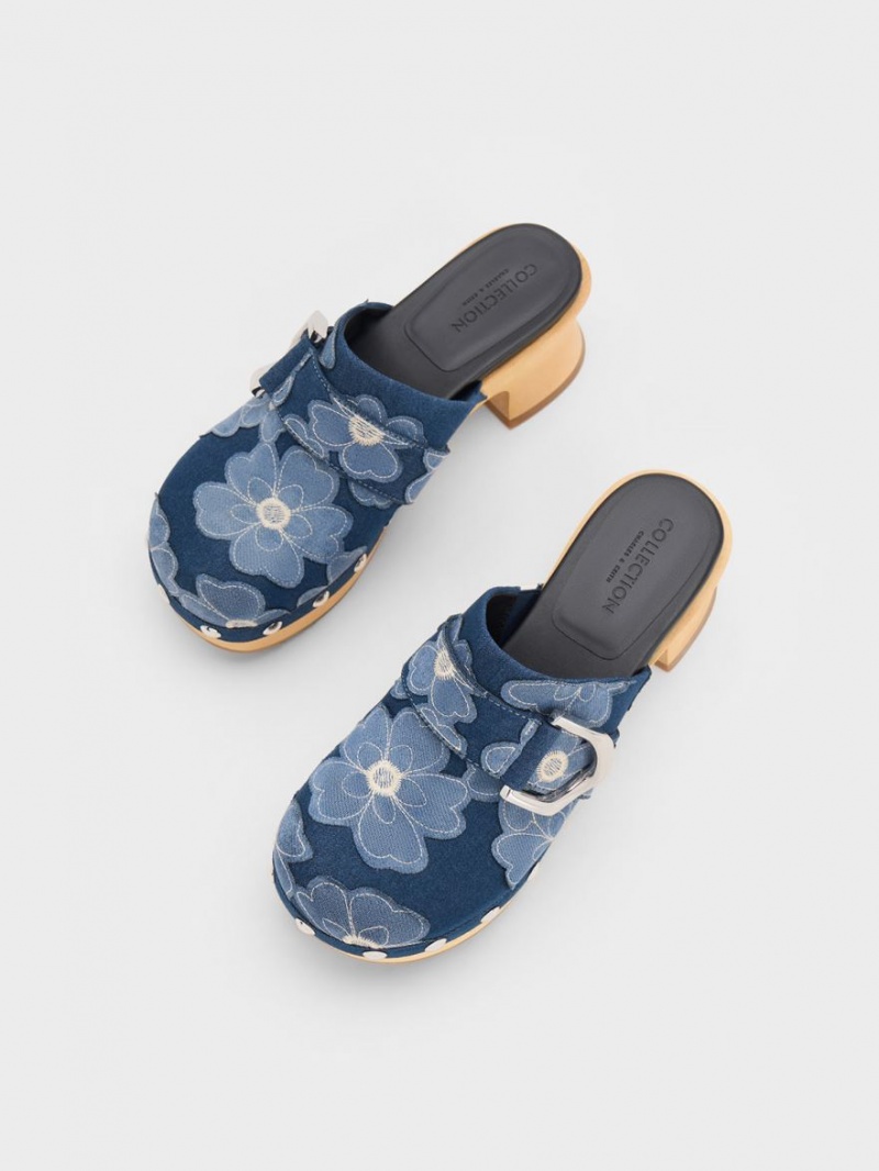 Charles & Keith Gabine Floral Denim Studded Clogs Blau | 263WUNQJD